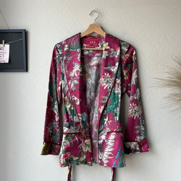 F.R.S For Restless Sleepers Burgundy Tropical Floral Silk Kimono Jacket Size XS - Picture 3 of 9